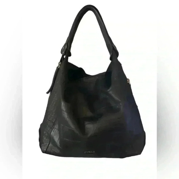 Furla Black Leather Croc‎ Embossed Shoulder Bag Purse - Picture 1 of 16